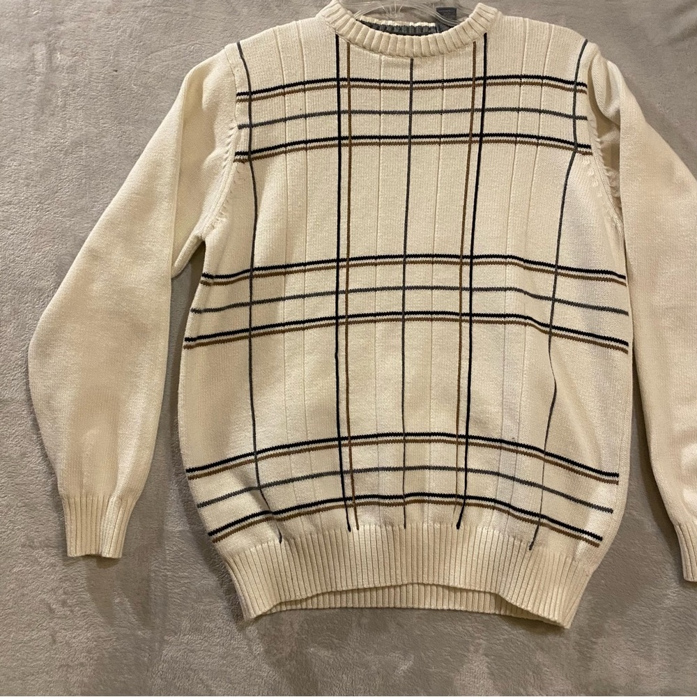 Oscar De La Renta Sweater Men’s Medium Cream Checkered Crewneck Cotton